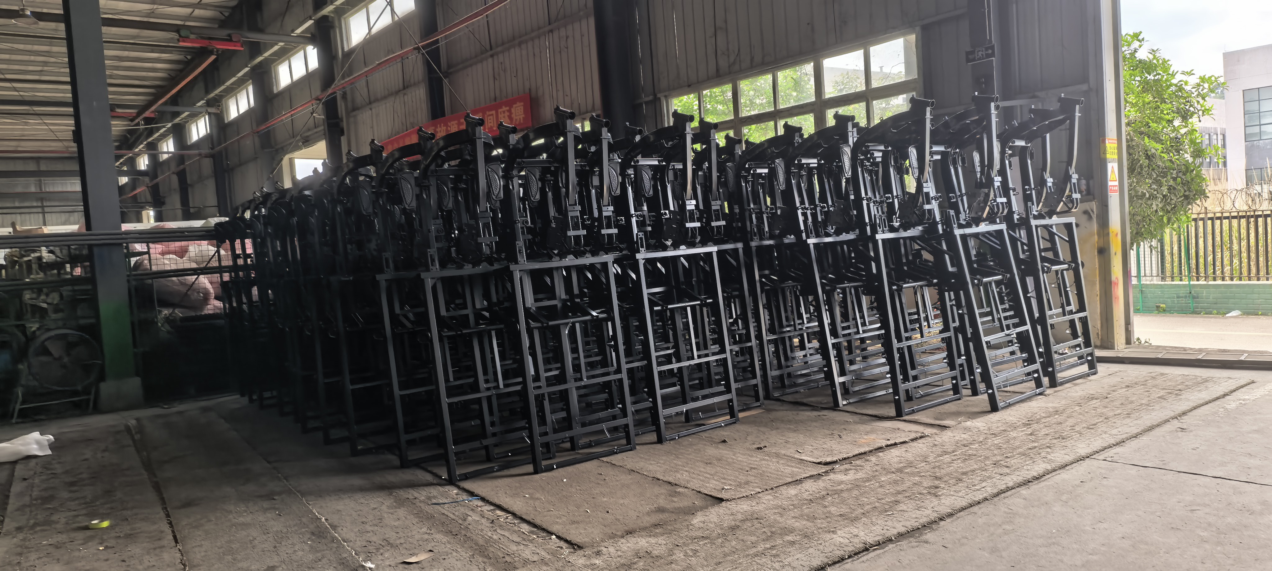 Vehicle frames arranged inside the factory