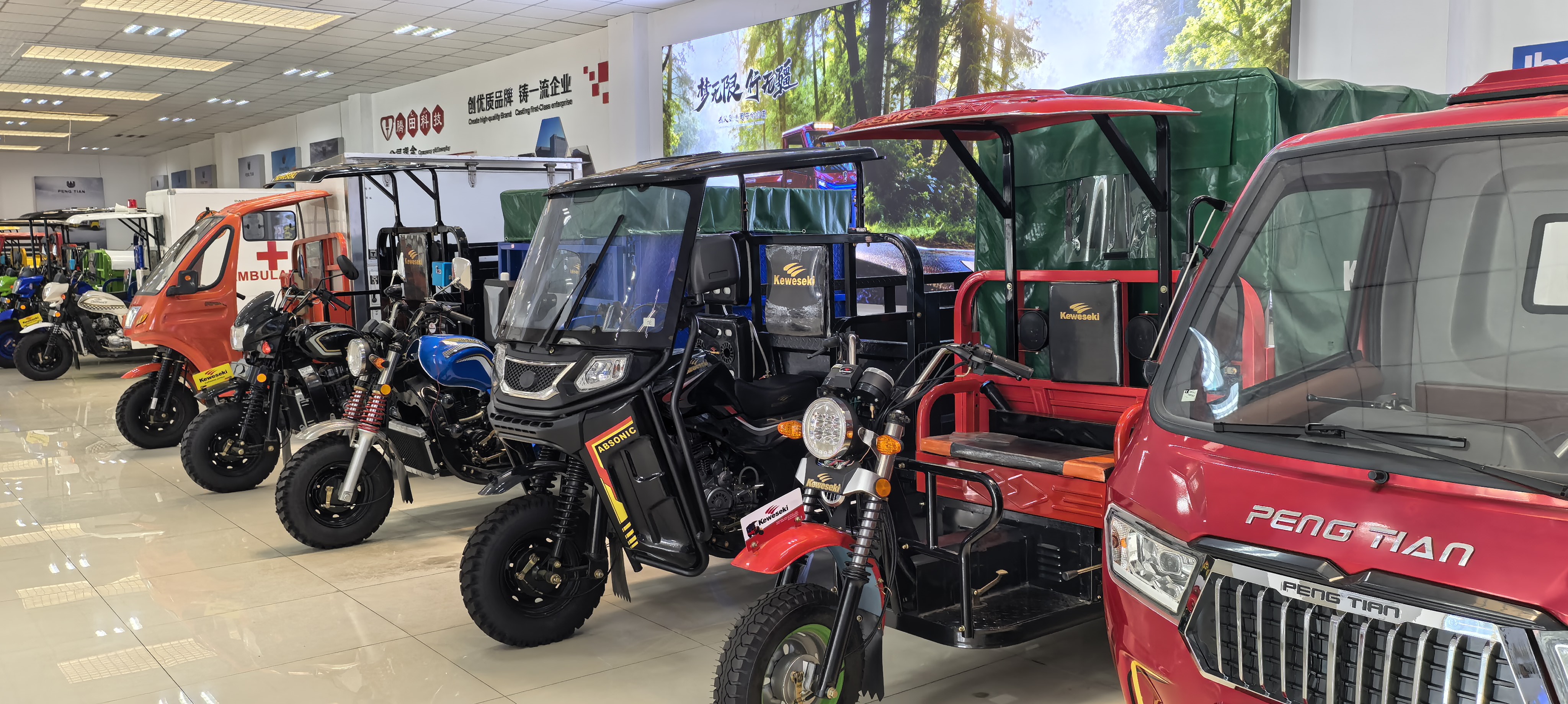 Cargo and passenger vehicles displayed in the factory showroom